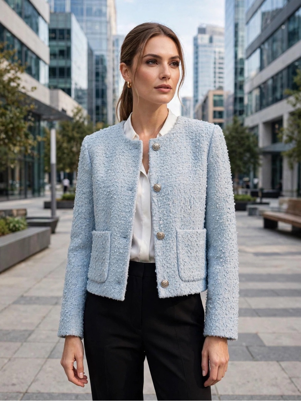 H&M Pale Blue Bouclé Cropped Boxy Jacket